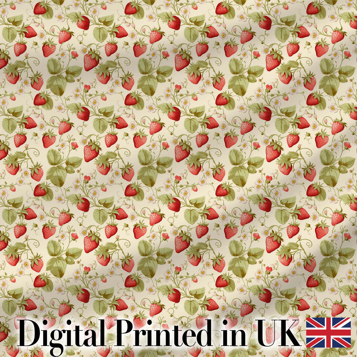 Vintage Strawberries Flowers and Leaves on Cream Background Seamless Pattern Digital Print Fabric by the Metre UK Sewing Quilting Textile