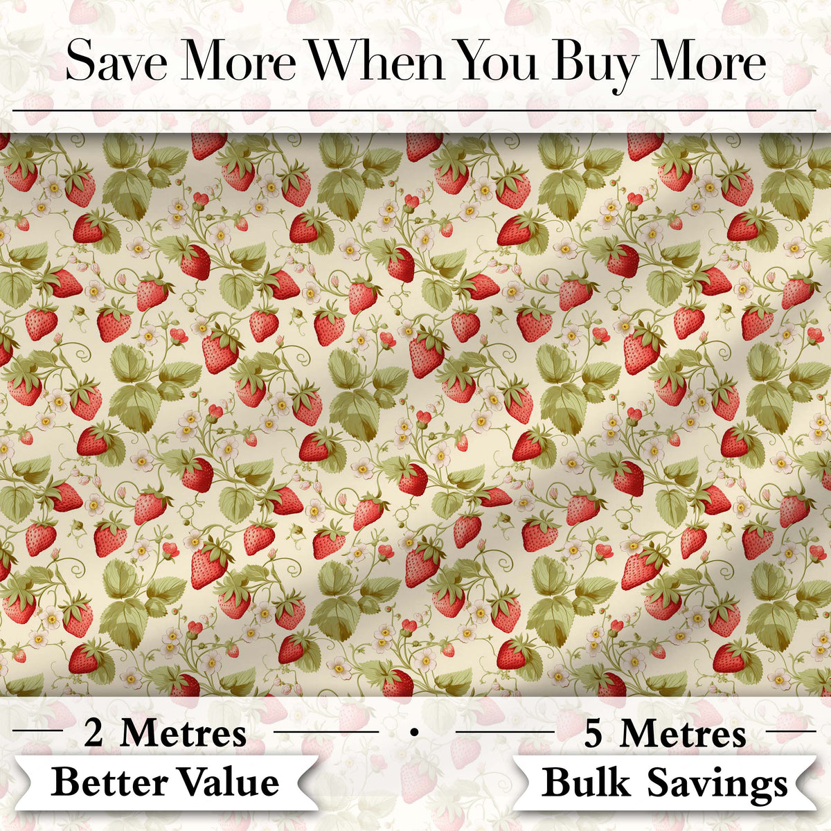 Vintage Strawberries Flowers and Leaves on Cream Background Seamless Pattern Digital Print Fabric by the Metre UK Sewing Quilting Textile
