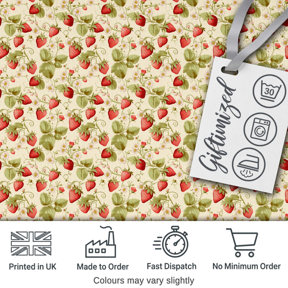Vintage Strawberries Flowers and Leaves on Cream Background Seamless Pattern Digital Print Fabric by the Metre UK Sewing Quilting Textile