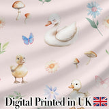 Cute Ducklings Swan Mushrooms and Flowers on Soft Pink Background   Digital Print Fabric by the Metre UK Sewing Quilting Textile