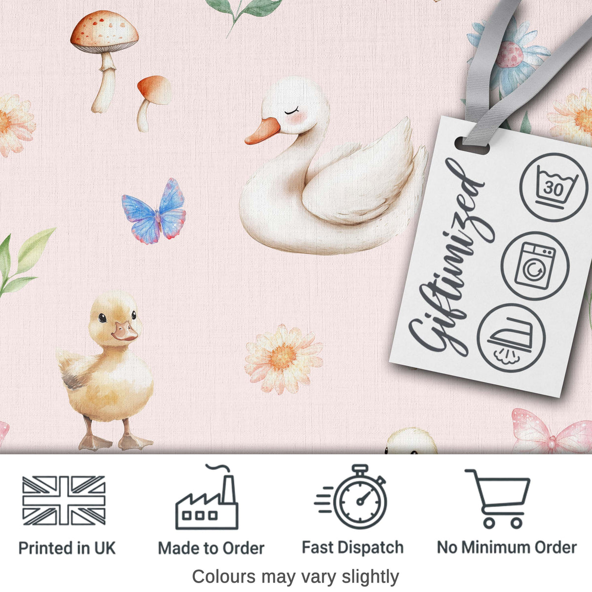 Cute Ducklings Swan Mushrooms and Flowers on Soft Pink Background   Digital Print Fabric by the Metre UK Sewing Quilting Textile