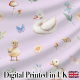 Cute Swan Ducklings Mushrooms and Flowers on Soft Lavender Background   Digital Print Fabric by the Metre UK Sewing Quilting Textile