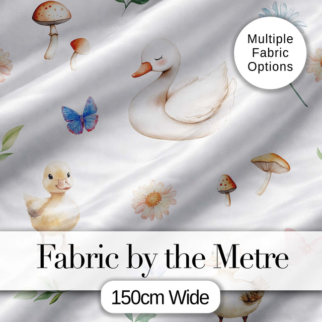Cute Swan Ducklings Mushrooms and Flowers on Light Background Seamless Pattern Digital Print Fabric by the Metre UK Sewing Quilting Textile
