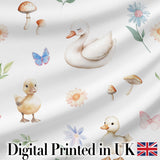 Cute Swan Ducklings Mushrooms and Flowers on Light Background Seamless Pattern Digital Print Fabric by the Metre UK Sewing Quilting Textile