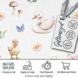 Cute Swan Ducklings Mushrooms and Flowers on Light Background Seamless Pattern Digital Print Fabric by the Metre UK Sewing Quilting Textile