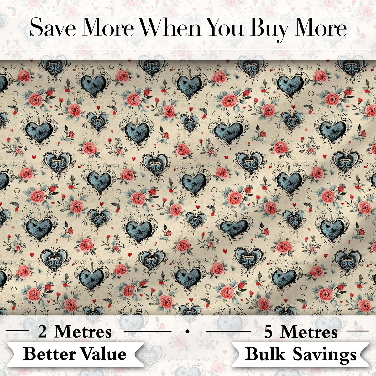 Vintage Hearts and Roses Floral Romantic  on Beige Background   Digital Print Fabric by the Metre UK Sewing Quilting Textile