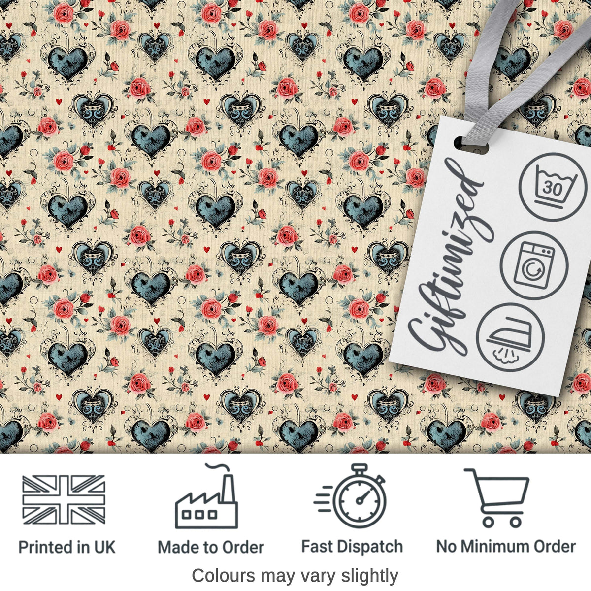 Vintage Hearts and Roses Floral Romantic  on Beige Background   Digital Print Fabric by the Metre UK Sewing Quilting Textile