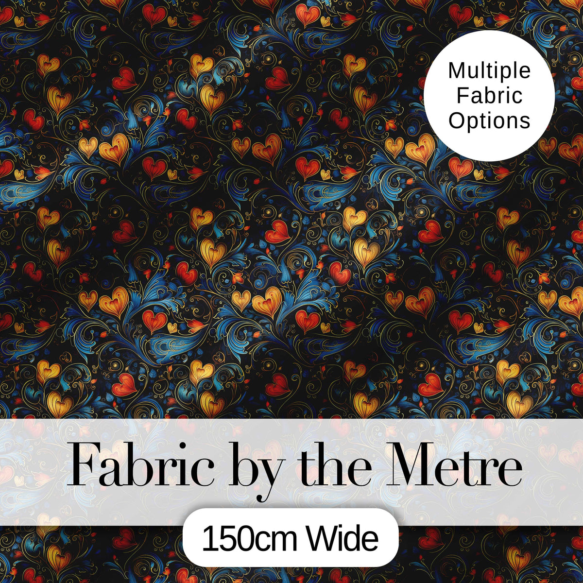 Elegant Dark Floral Hearts Ornamental  on Black Background   Digital Print Fabric by the Metre UK Sewing Quilting Textile