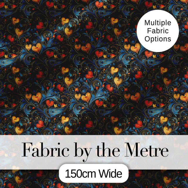 Elegant Dark Floral Hearts Ornamental  on Black Background   Digital Print Fabric by the Metre UK Sewing Quilting Textile