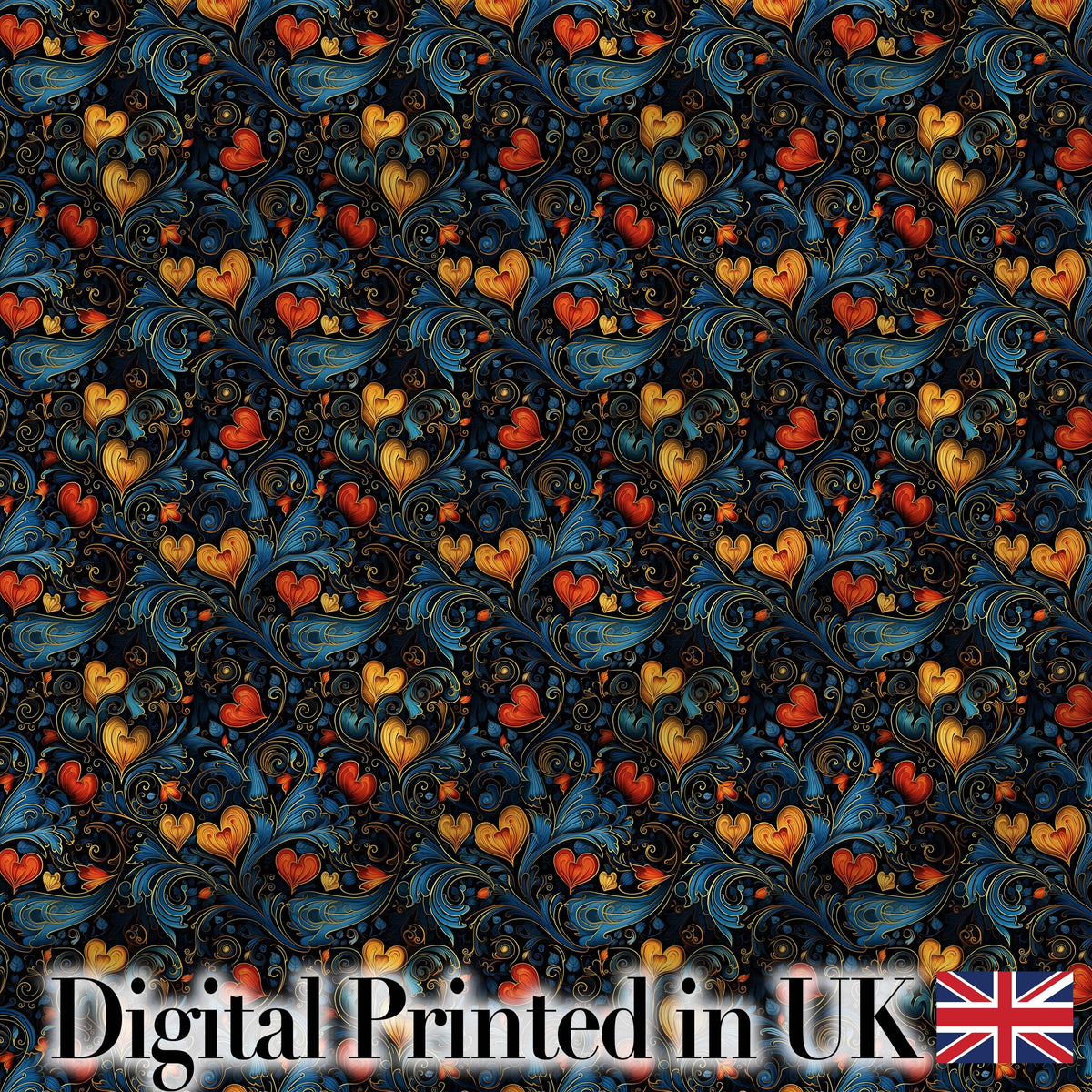 Elegant Dark Floral Hearts Ornamental  on Black Background   Digital Print Fabric by the Metre UK Sewing Quilting Textile