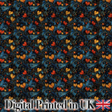 Elegant Dark Floral Hearts Ornamental  on Black Background   Digital Print Fabric by the Metre UK Sewing Quilting Textile