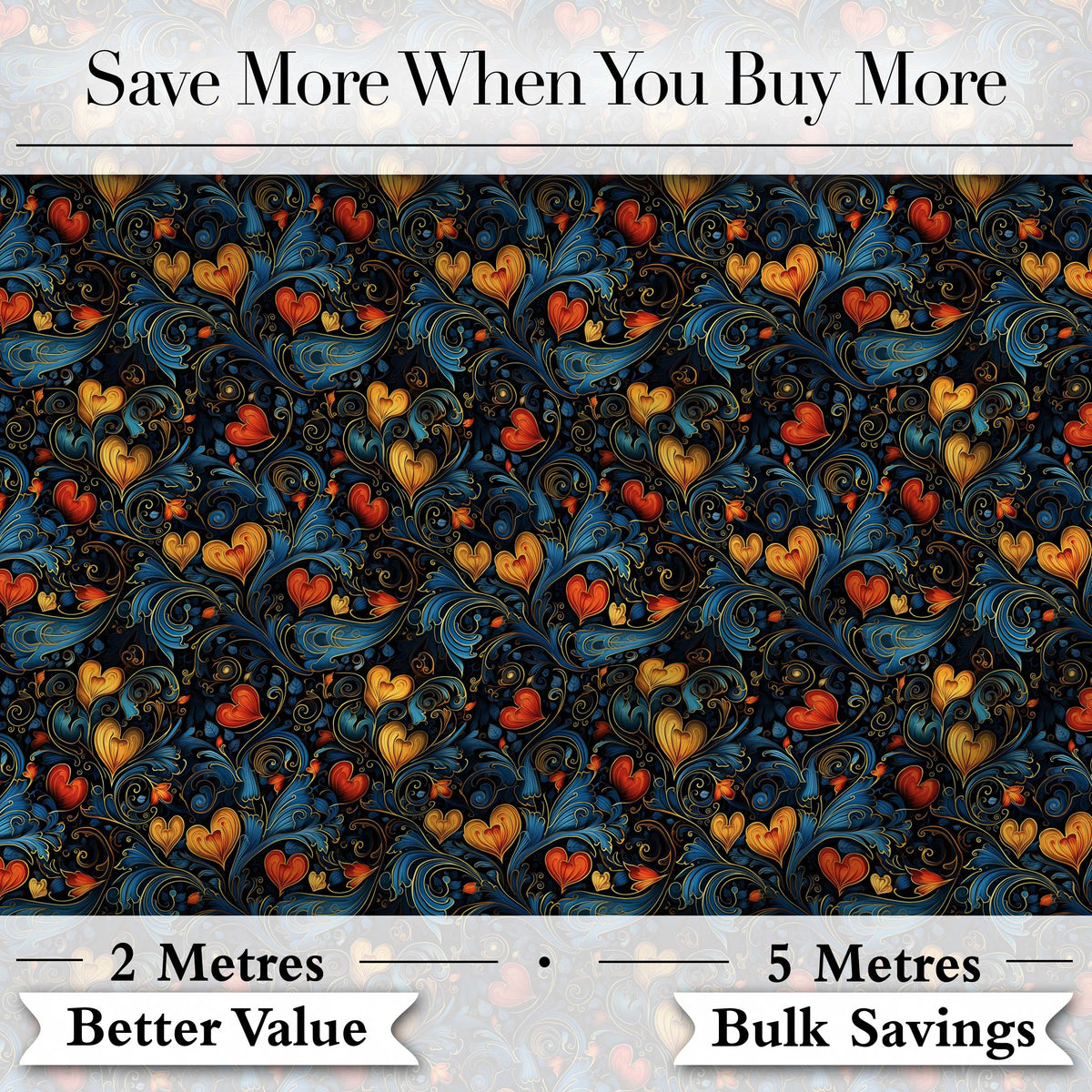 Elegant Dark Floral Hearts Ornamental  on Black Background   Digital Print Fabric by the Metre UK Sewing Quilting Textile