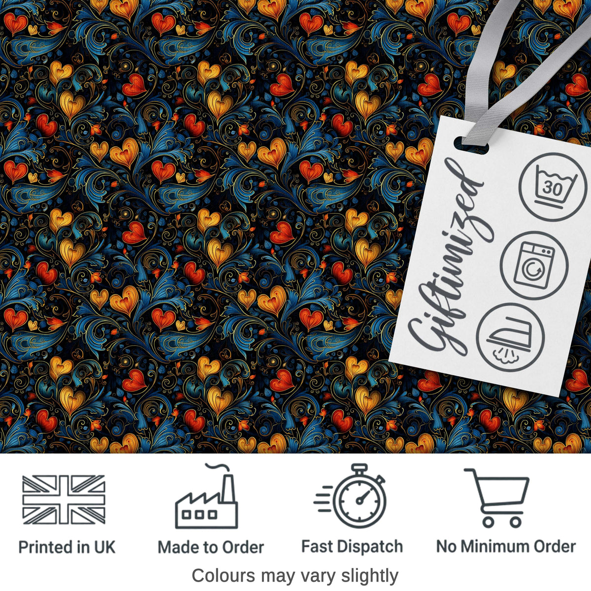 Elegant Dark Floral Hearts Ornamental  on Black Background   Digital Print Fabric by the Metre UK Sewing Quilting Textile