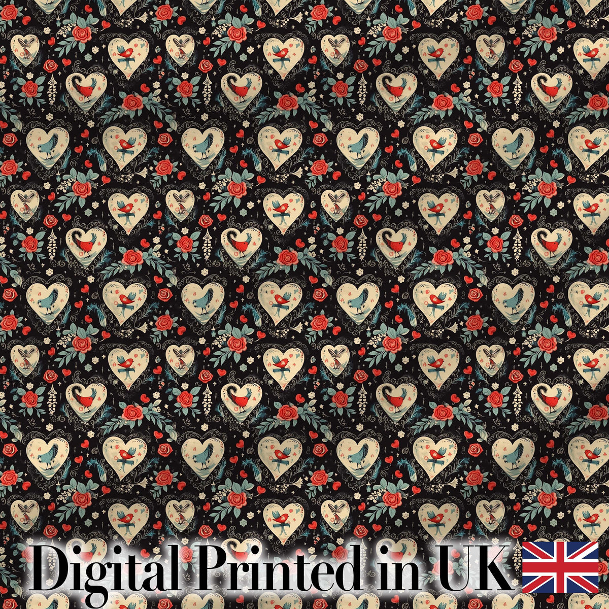 Cute Birds Hearts and Roses on Black Background Romantic Seamless Pattern Digital Print Fabric by the Metre UK Sewing Quilting Textile