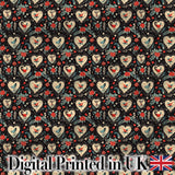 Cute Birds Hearts and Roses on Black Background Romantic Seamless Pattern Digital Print Fabric by the Metre UK Sewing Quilting Textile