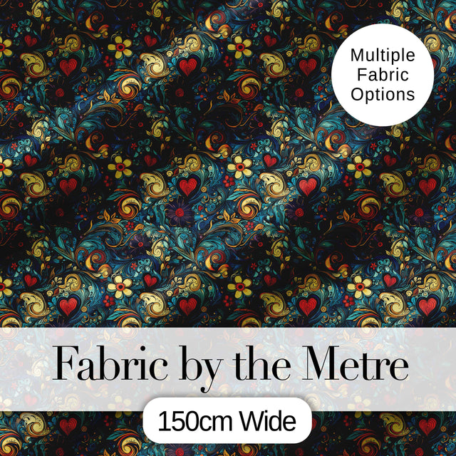 Ornate Floral Swirl Hearts on Dark Background Decorative Seamless Pattern Digital Print Fabric by the Metre UK Sewing Quilting Textile