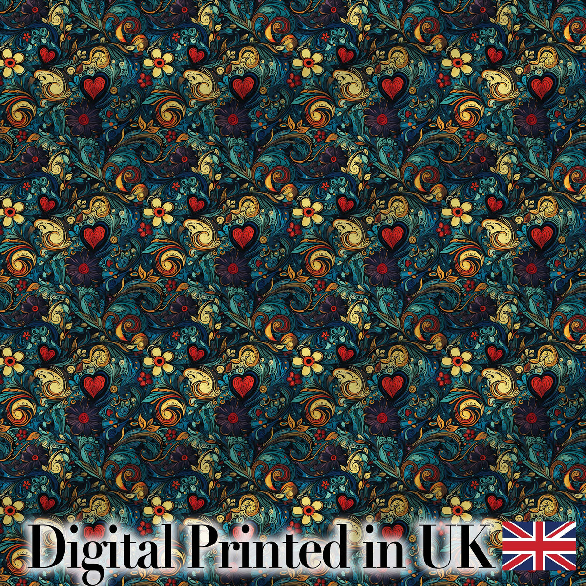 Ornate Floral Swirl Hearts on Dark Background Decorative Seamless Pattern Digital Print Fabric by the Metre UK Sewing Quilting Textile
