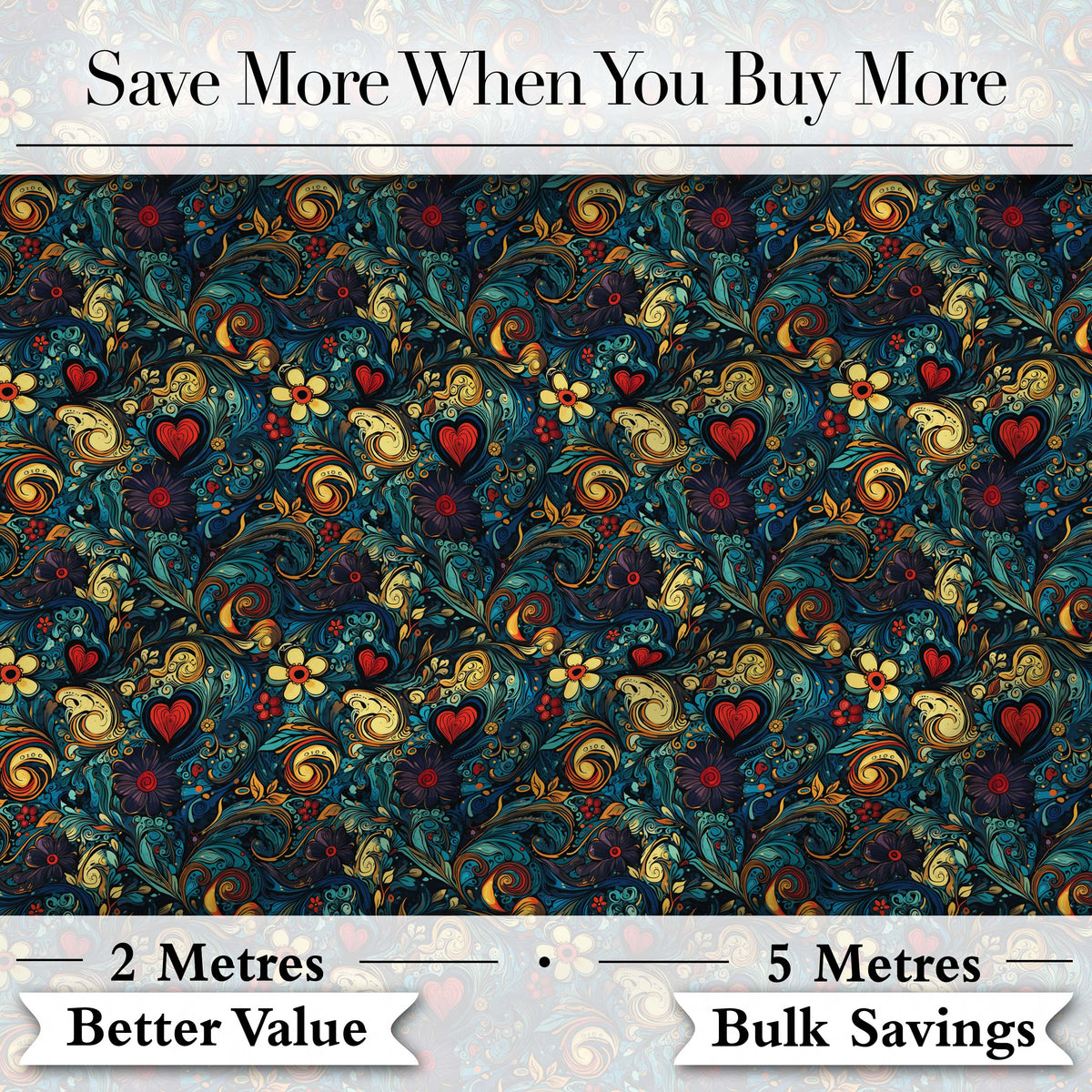 Ornate Floral Swirl Hearts on Dark Background Decorative Seamless Pattern Digital Print Fabric by the Metre UK Sewing Quilting Textile