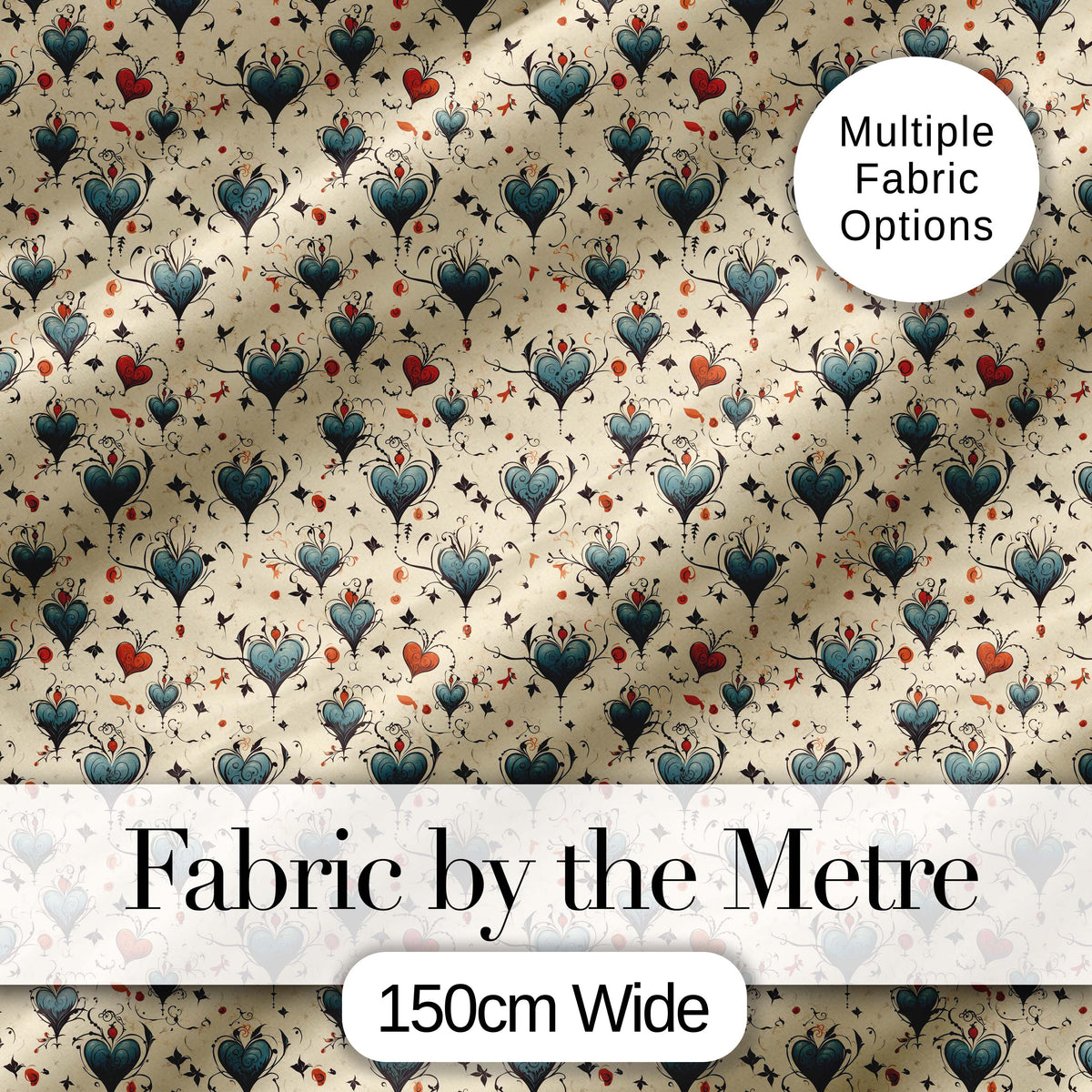 Elegant Blue Hearts Floral Vine Pattern on Beige Background Seamless Pattern Digital Print Fabric by the Metre UK Sewing Quilting Textile