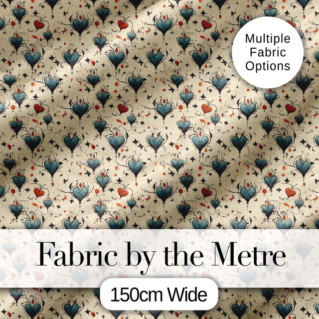 Elegant Blue Hearts Floral Vine Pattern on Beige Background Seamless Pattern Digital Print Fabric by the Metre UK Sewing Quilting Textile