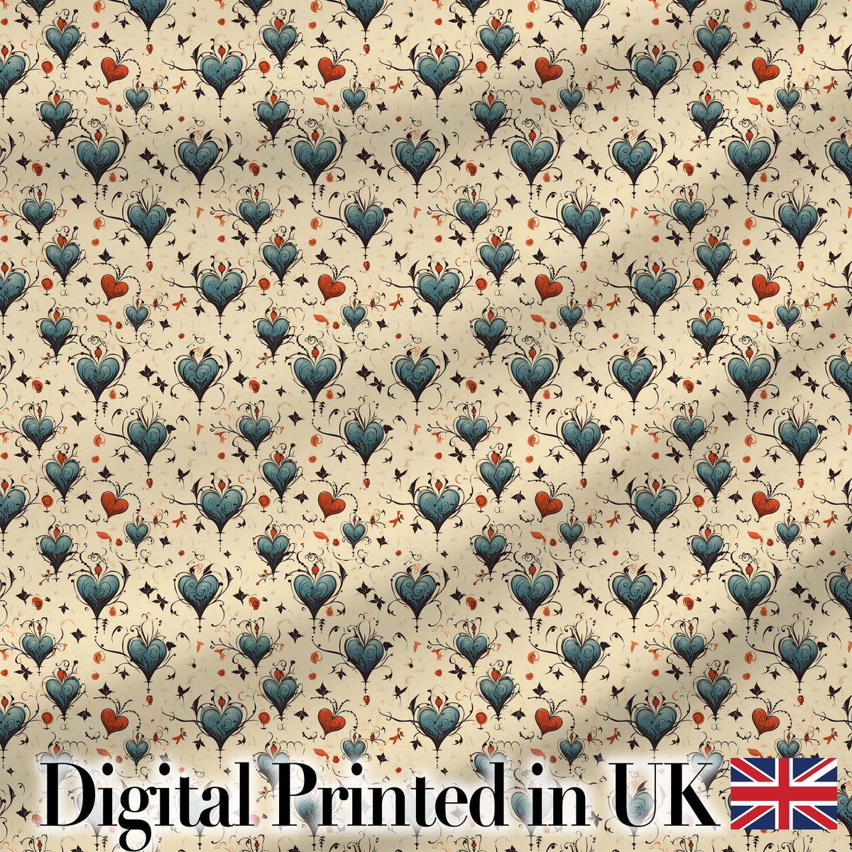 Elegant Blue Hearts Floral Vine Pattern on Beige Background Seamless Pattern Digital Print Fabric by the Metre UK Sewing Quilting Textile