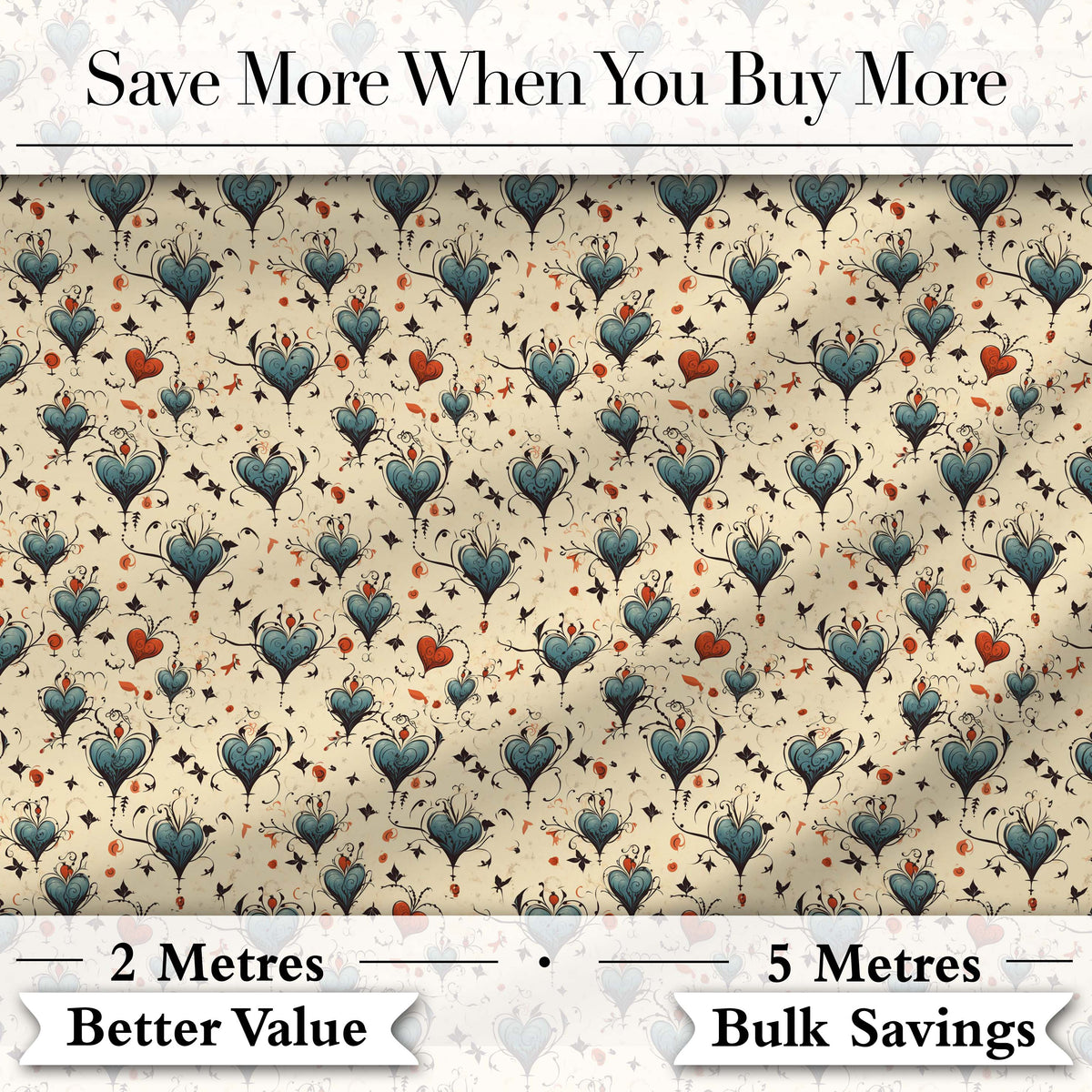 Elegant Blue Hearts Floral Vine Pattern on Beige Background Seamless Pattern Digital Print Fabric by the Metre UK Sewing Quilting Textile