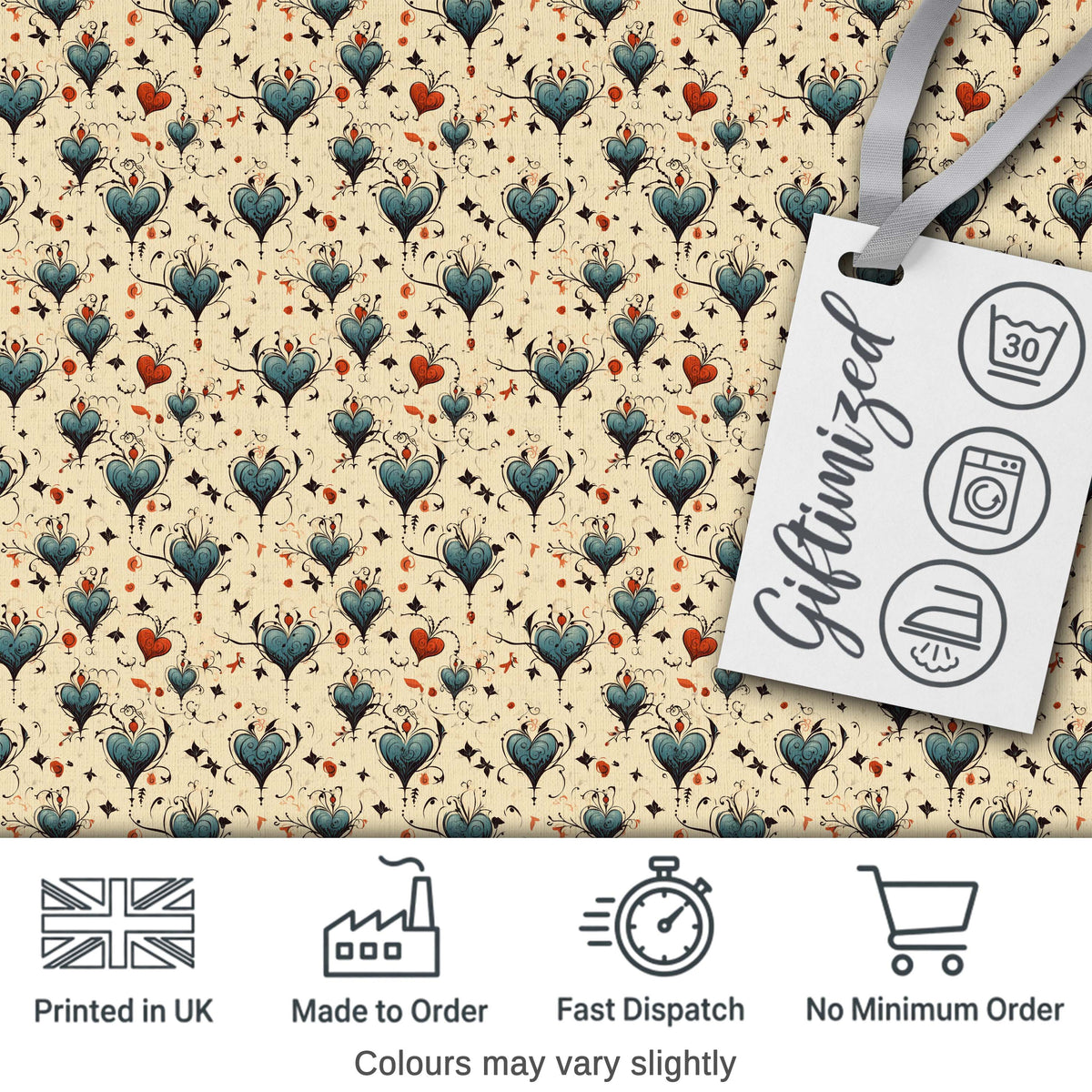 Elegant Blue Hearts Floral Vine Pattern on Beige Background Seamless Pattern Digital Print Fabric by the Metre UK Sewing Quilting Textile