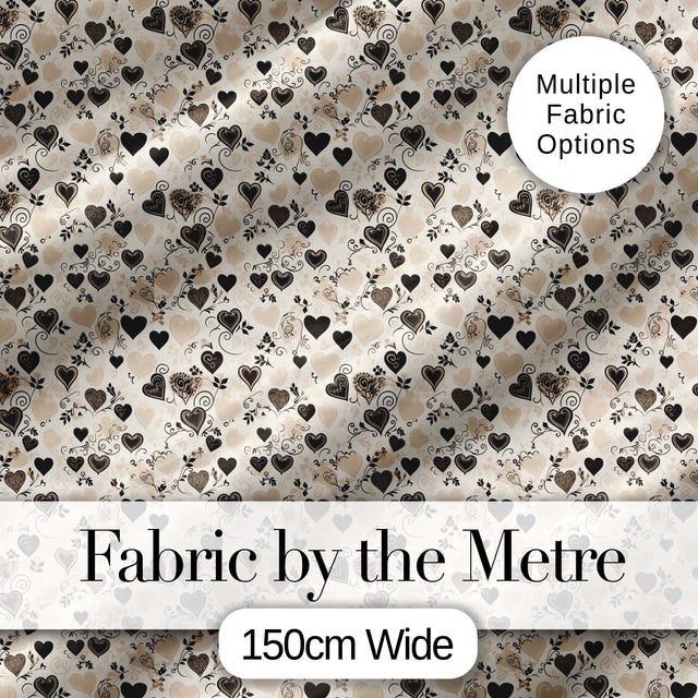 Vintage Beige and Brown Floral Heart Swirl Seamless Pattern Digital Print Fabric by the Metre UK Sewing Quilting Textile