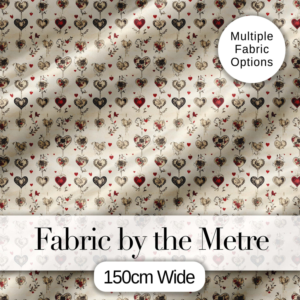 Elegant Vintage Hanging Heart and Floral Vine Seamless Pattern Digital Print Fabric by the Metre UK Sewing Quilting Textile