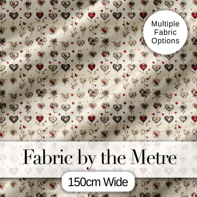 Elegant Vintage Hanging Heart and Floral Vine Seamless Pattern Digital Print Fabric by the Metre UK Sewing Quilting Textile