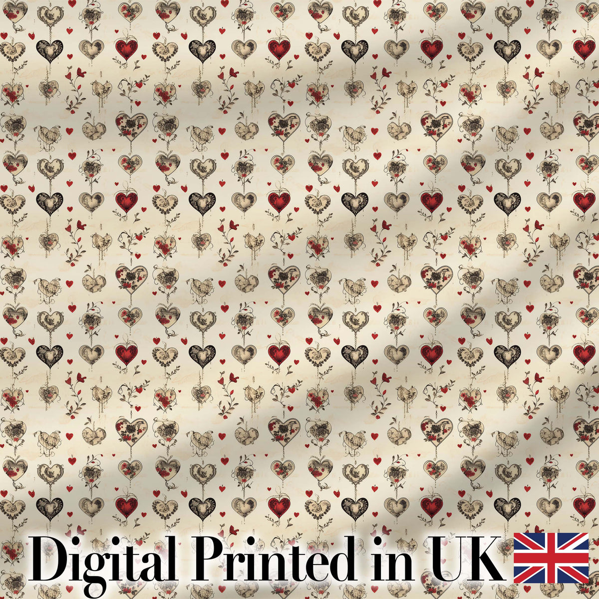 Elegant Vintage Hanging Heart and Floral Vine Seamless Pattern Digital Print Fabric by the Metre UK Sewing Quilting Textile