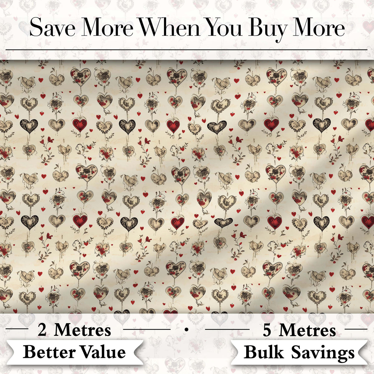 Elegant Vintage Hanging Heart and Floral Vine Seamless Pattern Digital Print Fabric by the Metre UK Sewing Quilting Textile