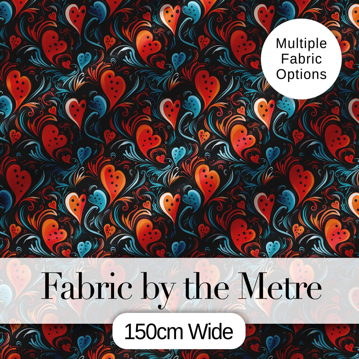 Bold Abstract Orange and Blue Heart Swirl Seamless Pattern Digital Print Fabric by the Metre UK Sewing Quilting Textile
