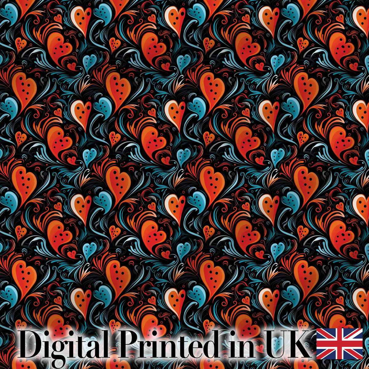 Bold Abstract Orange and Blue Heart Swirl Seamless Pattern Digital Print Fabric by the Metre UK Sewing Quilting Textile