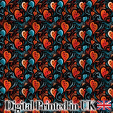Bold Abstract Orange and Blue Heart Swirl Seamless Pattern Digital Print Fabric by the Metre UK Sewing Quilting Textile