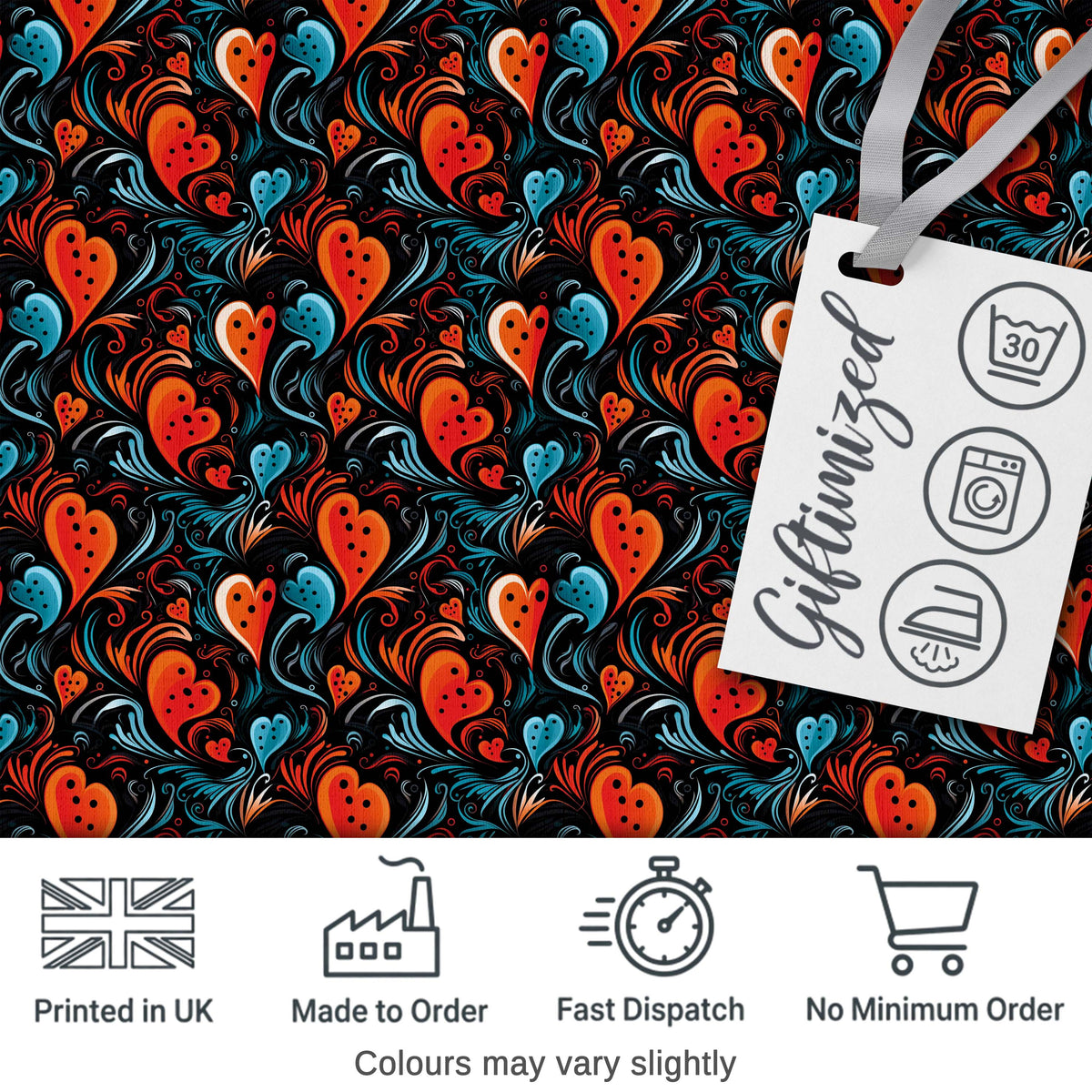 Bold Abstract Orange and Blue Heart Swirl Seamless Pattern Digital Print Fabric by the Metre UK Sewing Quilting Textile