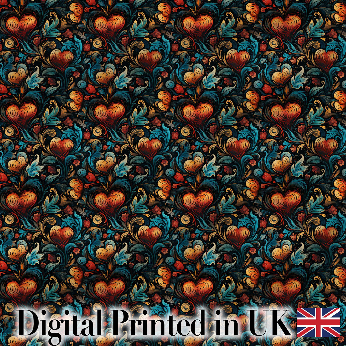 Luxurious Ornate Floral Heart Baroque Style Seamless Pattern Digital Print Fabric by the Metre UK Sewing Quilting Textile