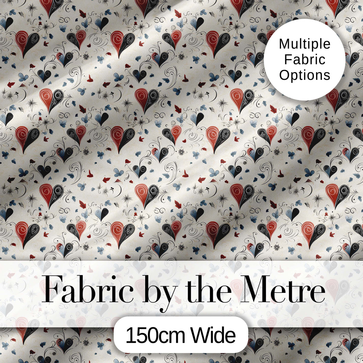Elegant Abstract Heart Swirl and Floral Motif Seamless Pattern Digital Print Fabric by the Metre UK Sewing Quilting Textile