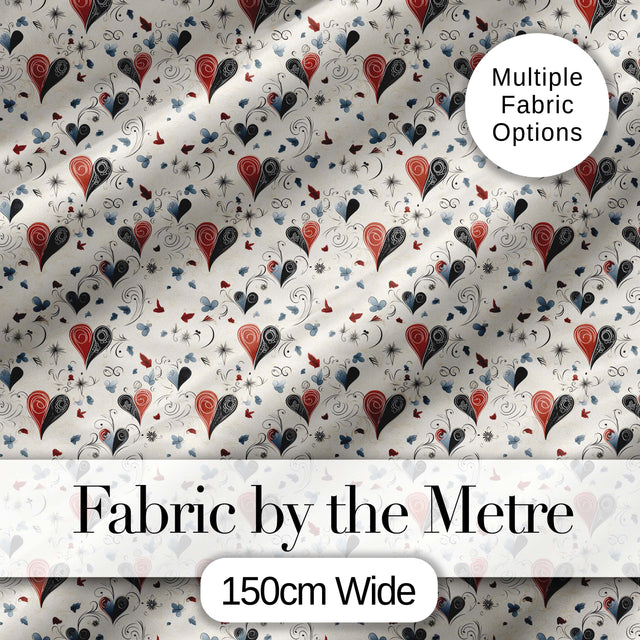 Elegant Abstract Heart Swirl and Floral Motif Seamless Pattern Digital Print Fabric by the Metre UK Sewing Quilting Textile
