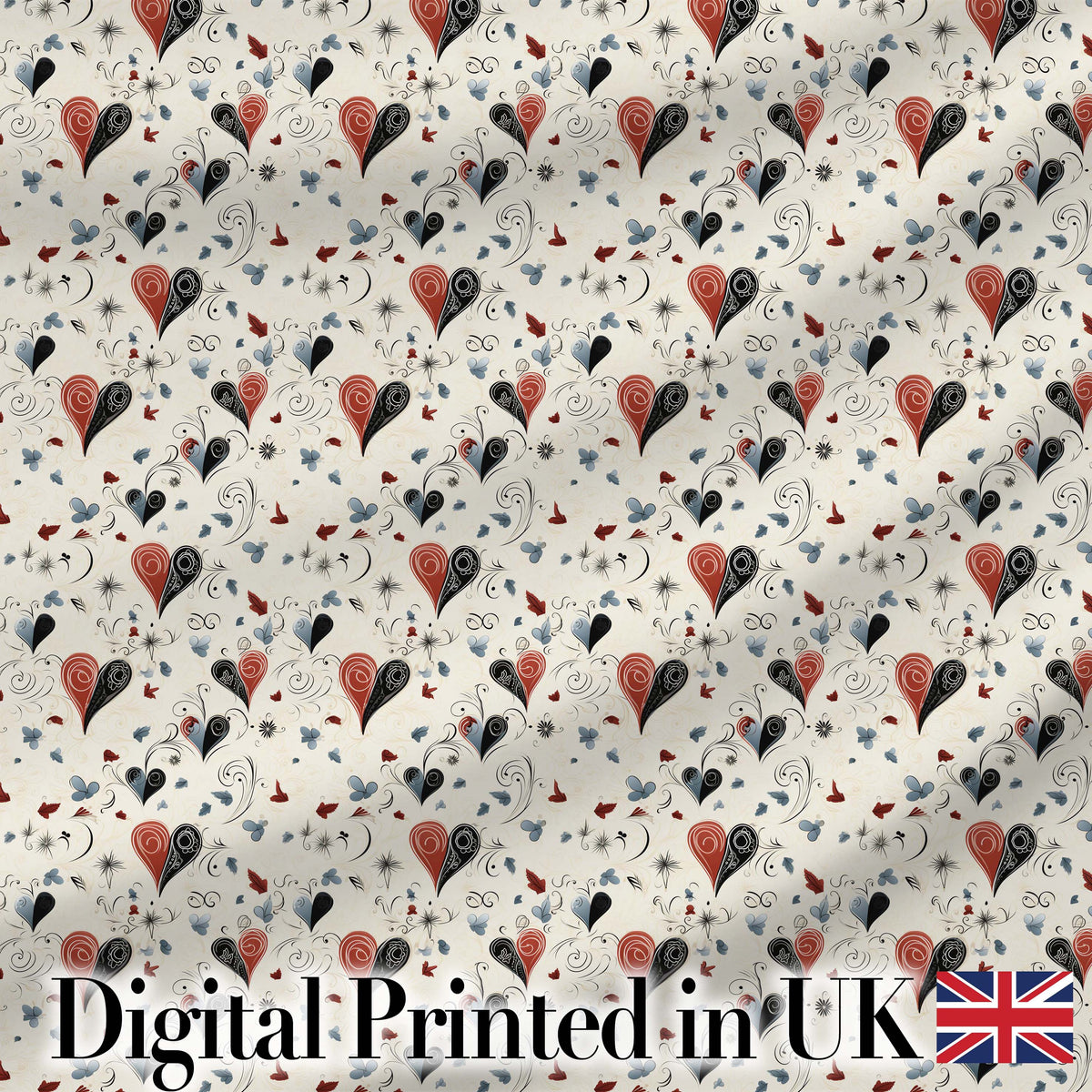 Elegant Abstract Heart Swirl and Floral Motif Seamless Pattern Digital Print Fabric by the Metre UK Sewing Quilting Textile