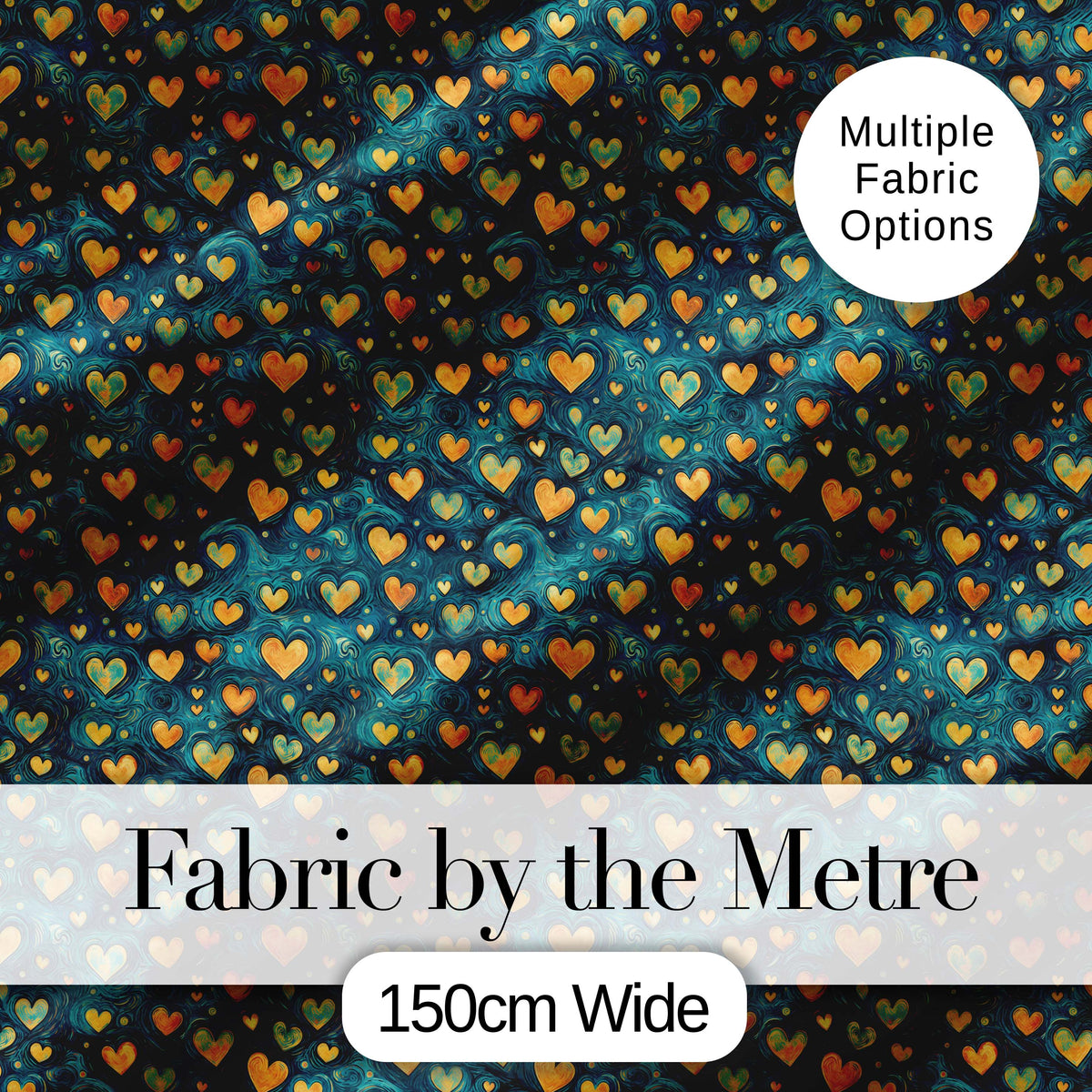 Artistic Blue and Gold Heart Swirl Textured Seamless Pattern Digital Print Fabric by the Metre UK Sewing Quilting Textile