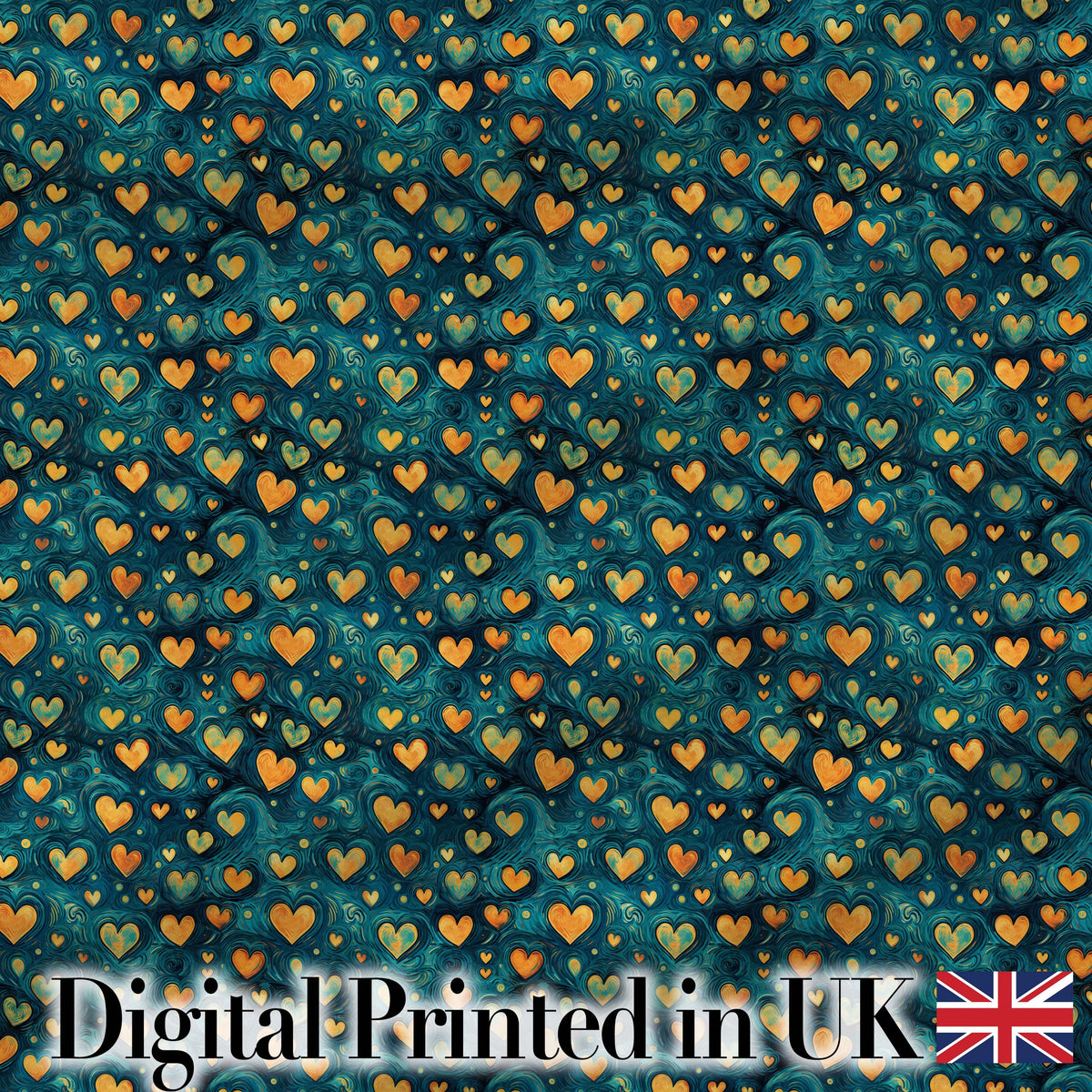 Artistic Blue and Gold Heart Swirl Textured Seamless Pattern Digital Print Fabric by the Metre UK Sewing Quilting Textile