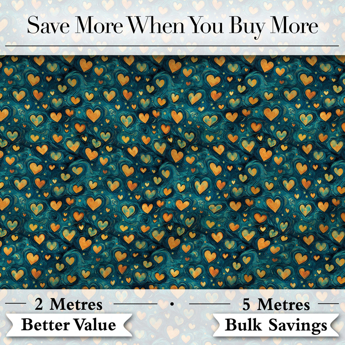 Artistic Blue and Gold Heart Swirl Textured Seamless Pattern Digital Print Fabric by the Metre UK Sewing Quilting Textile