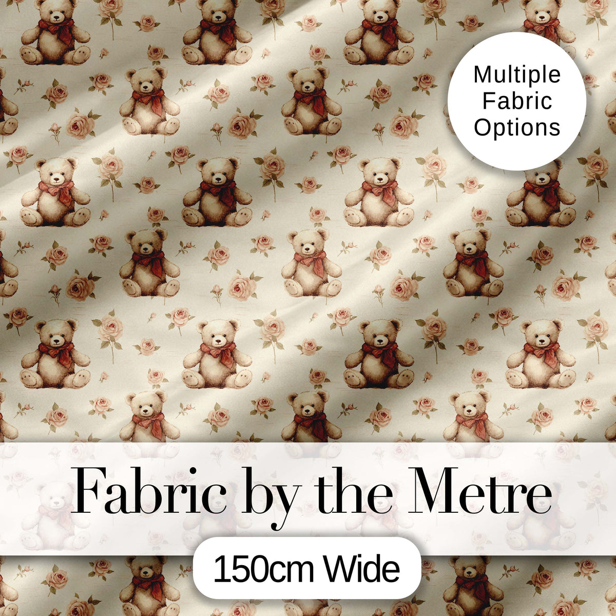 Adorable Teddy Bear with Rose Floral Seamless Pattern Digital Print Fabric by the Metre UK Sewing Quilting Textile