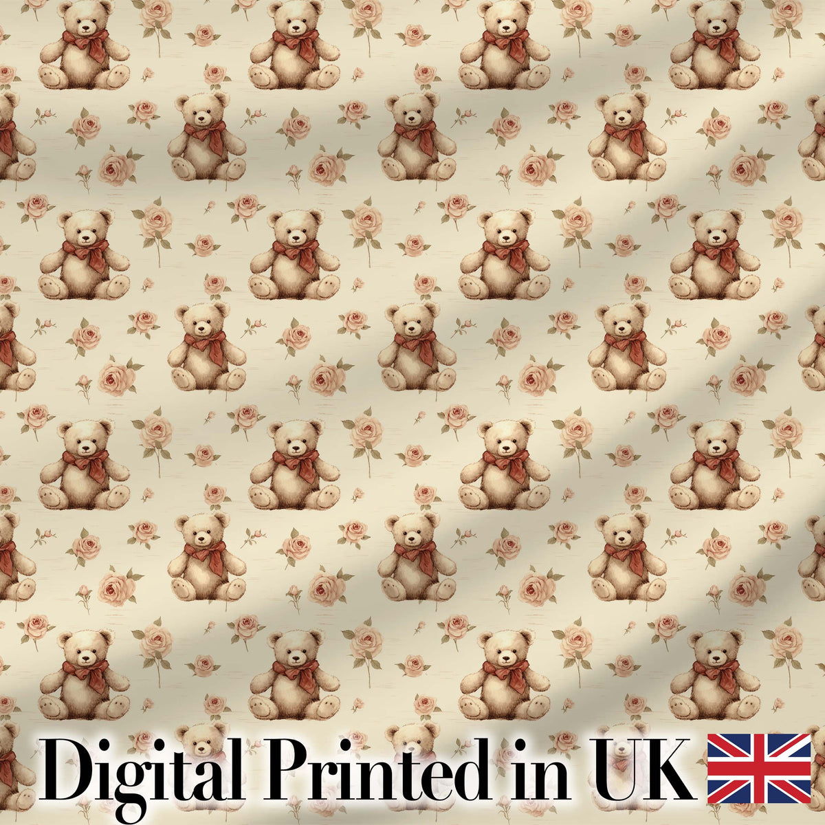 Adorable Teddy Bear with Rose Floral Seamless Pattern Digital Print Fabric by the Metre UK Sewing Quilting Textile