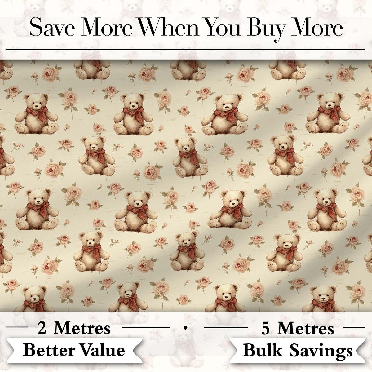 Adorable Teddy Bear with Rose Floral Seamless Pattern Digital Print Fabric by the Metre UK Sewing Quilting Textile