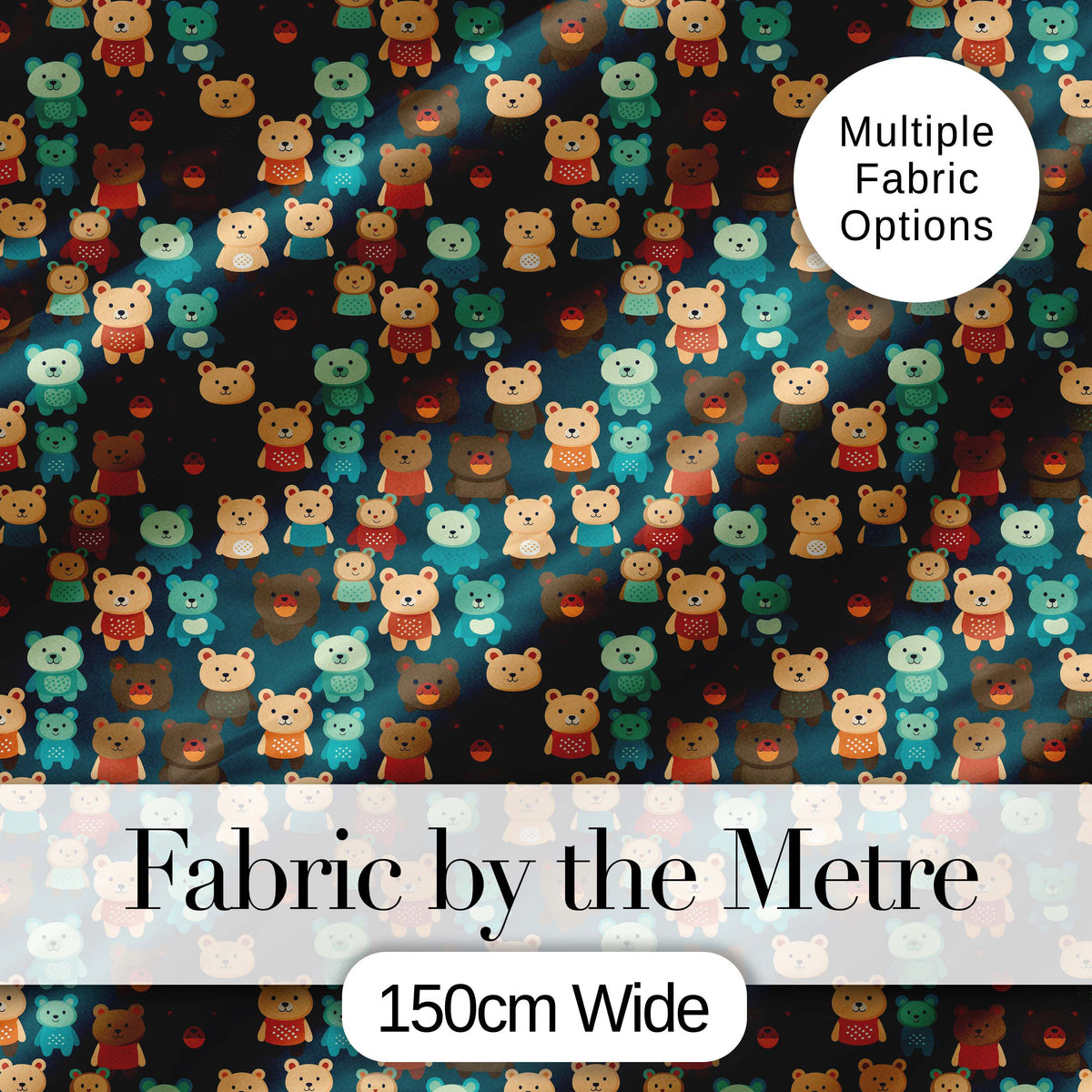 Cute Cartoon Multicolor Teddy Bears on Dark Background Seamless Pattern Digital Print Fabric by the Metre UK Sewing Quilting Textile