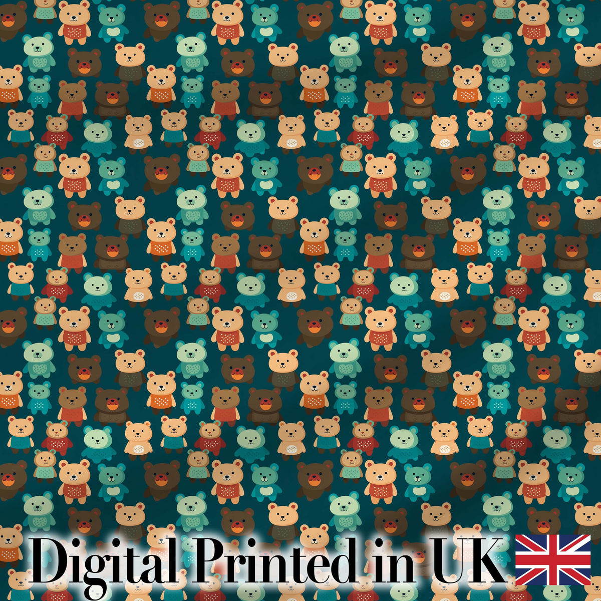 Cute Cartoon Multicolor Teddy Bears on Dark Background Seamless Pattern Digital Print Fabric by the Metre UK Sewing Quilting Textile