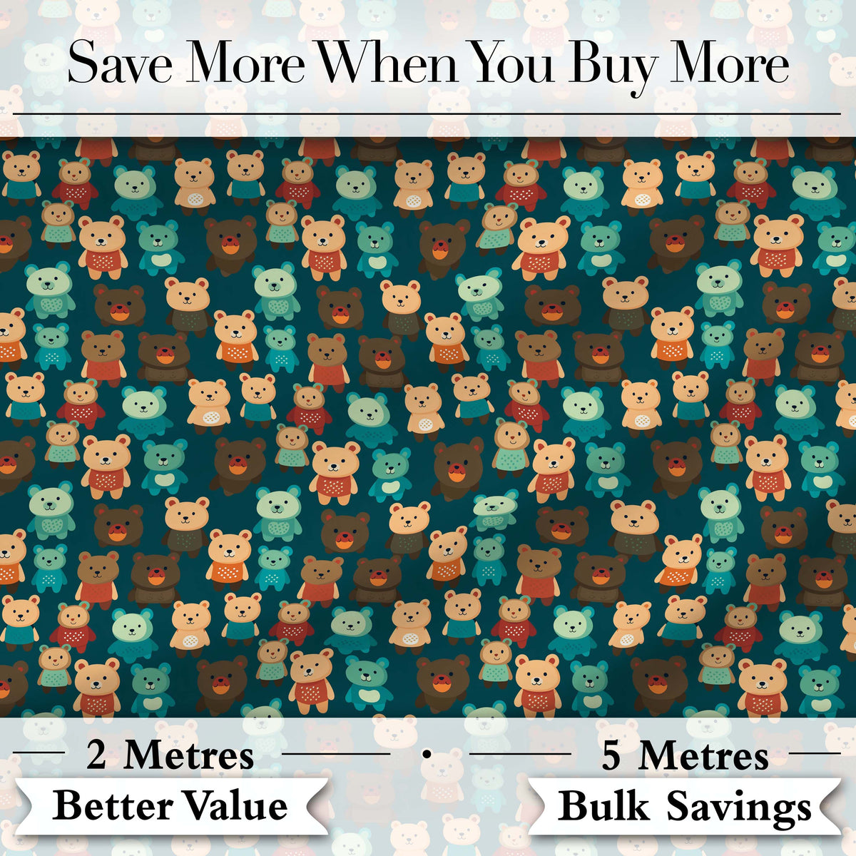 Cute Cartoon Multicolor Teddy Bears on Dark Background Seamless Pattern Digital Print Fabric by the Metre UK Sewing Quilting Textile