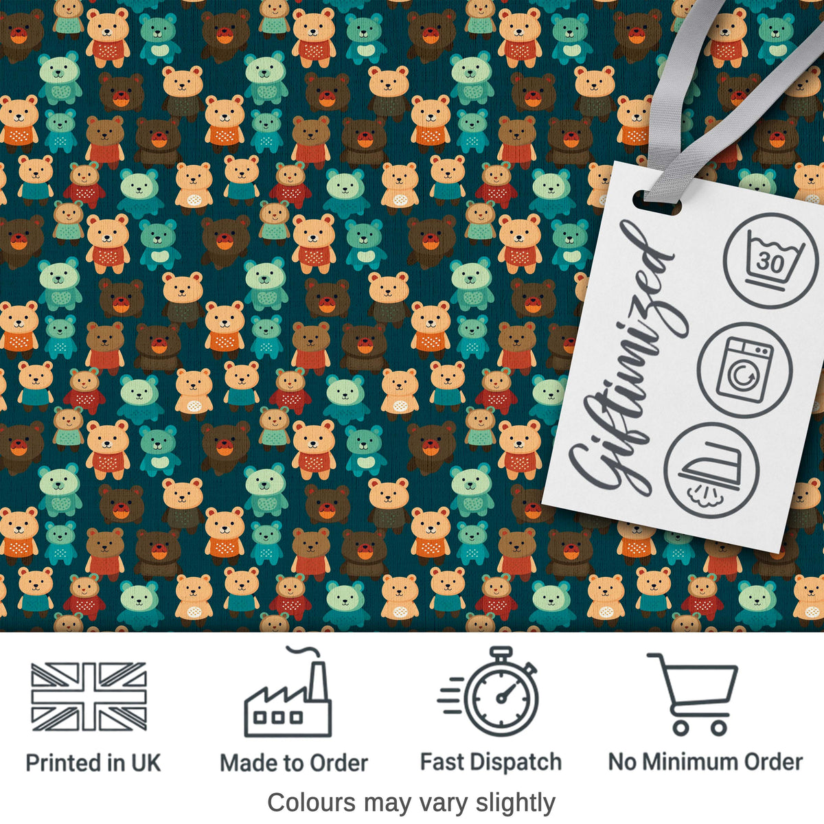 Cute Cartoon Multicolor Teddy Bears on Dark Background Seamless Pattern Digital Print Fabric by the Metre UK Sewing Quilting Textile